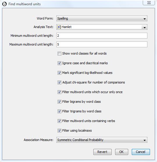 Find Multiword Units Dialog with Justeson and Katz Options Selected